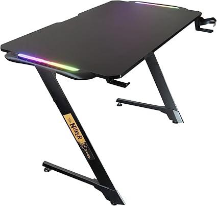 Mesa Gamer Nuker LED RGB com Mouse Pad, Organizador de fios Suporte de Copos até 120kg em Carbono - BRIGHT MG001