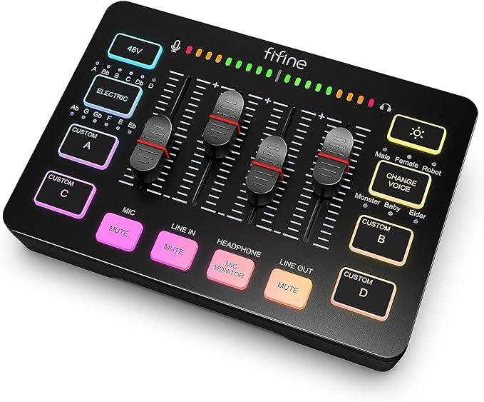 FIFINE Gaming Audio Mixer, Mixer RGB para PC de Streaming com Interface de Microfone XLR, Controle Individual, Botão de Silenciar, Alimentação Phantom 48V, para Podcast/Gravação/Vocal/Voz de Jogo-SC3