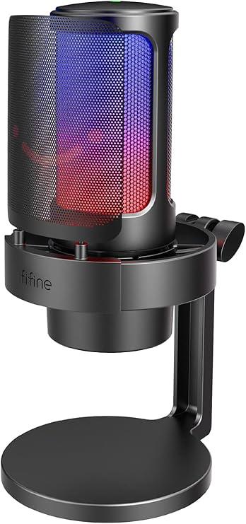 FIFINE USB Microfone jogos para PC,streaming,podcasts,gravação,microfono condensador de mesa para computador,compatível com Mac/PS4/PS5,com controle RGB,toque mudo,conector para fone ouvido- A8 Preto