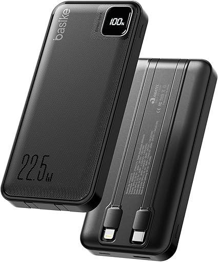 Basike Power Bank, Carregador Portátil Universal 10000mAh, USB-A(até 22.5W)+USB-C(até 20W), com 2 Cabos Integrados (USB-C, Lightning) Carregamento Rápido, Led Indicador de Bateria (Preto)