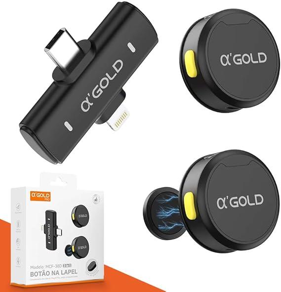 Microfone de Lapela Sem Fio Bluetooth Kit 2 Microfonones Abafamento de Ruído Até 10 Horas Tempo de Trabalho Compatível com Camera, iPhone, Android, PC - Conexão Android e USB-C - Linha AGold Premium