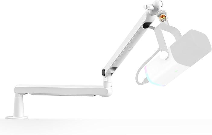 FIFINE Boom Arm Mic Stand, Suporte de microfone de metal de perfil baixo, Podcast Mic Boom Braço com montagem de mesa, Gerenciamento de canais de cabo, Branco para gravação/streaming/jogos -BM88W