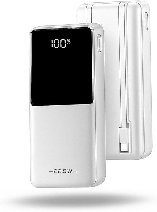 Power Bank Carregador portátil 10000mAh com Carregamento Turbo 22.5W, Saída Rápida Tipo-C e Lightning Integrados, Compatível com Android e iPhone, Cabo Embutido e Visor Digital de Carga (Branco)