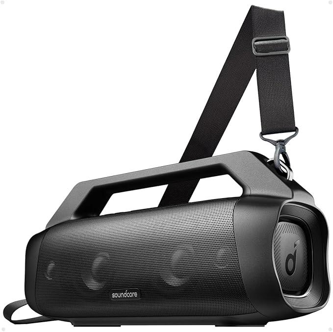 Motion Boom Plus Soundcore da Anker Caixa de Som Portáteis Bluetooth, drivers Titanium, tecnologia BassUp, IPX7 à prova d'água, tempo de reprodução 24h, aplicativo Soundcore, alça embutida, Preto