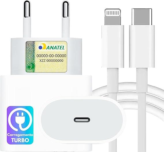 Fonte Carregador 25W Turbo + Cabo Usb-C-Lightning Compatível iPhone X Xr SE 11 12 13 14 Carga Ultra Rápida - Premium®