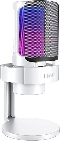 FIFINE Microfone RGB para computador para jogos USB para transmissão ao vivo,reuniões,podcasts,vídeo,microfone condensador com conector de monitoramento de fone de ouvido,para Mac OS/Windows-A8 branco