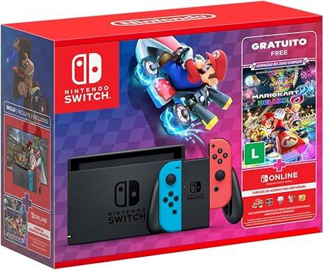Nintendo, Console + Jogo, Switch Azul e Vermelho, Jogo Digital Mario Kart 8 Deluxe, 3 Meses de Assinatura Nintendo Switch Online