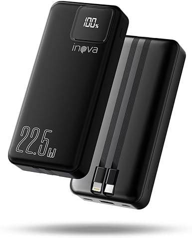 Power Bank com CaboIntegrado, Carregador Portátil de 20000mAh com Carga Rápida, Múltiplas Portas, Design Leve e Proteção Inteligente para Dispositivos iOS e Android/USB/Type-C/Preto(MD-12412)