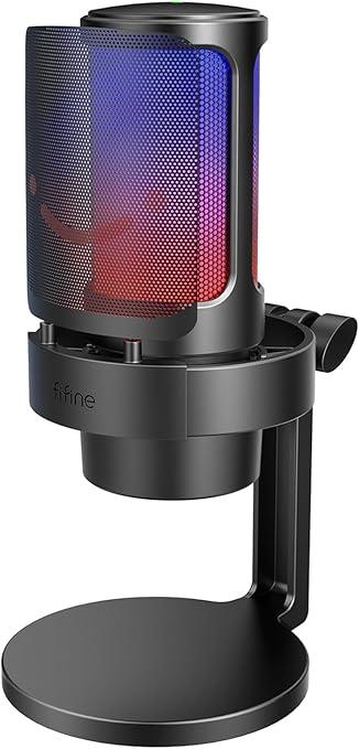 FIFINE USB Microfone jogos para PC,streaming,podcasts,gravação,microfono condensador de mesa para computador,compatível com Mac/PS4/PS5,com controle RGB,toque mudo,conector para fone ouvido- A8 Preto