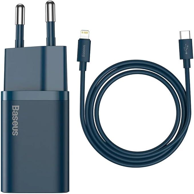 Baseus Kit Carregador Super Si Turbo de 20W/25w Cabo de 1 metro, USB-C para USB-C/USB-C para Lightning, Turbo Pd Android/Iphone/Ipad/notebook (Azul 20W)