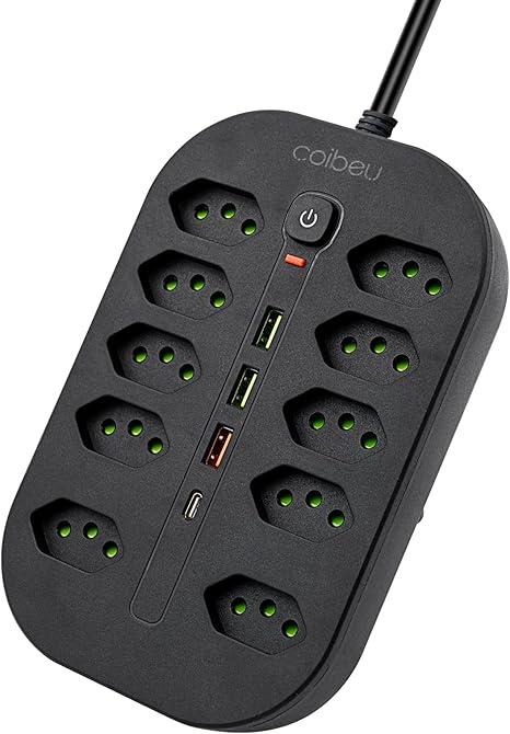 Extensão Tomada, Régua Tomada, Régua de Energia, 10 Tomadas, 3 Interfaces USB, 1 Porta USB Tipo-C, Cabo de Alimentação de 1,9 metros, Suporte a Tensão de 110-220V, Potência de 2500W, Preto