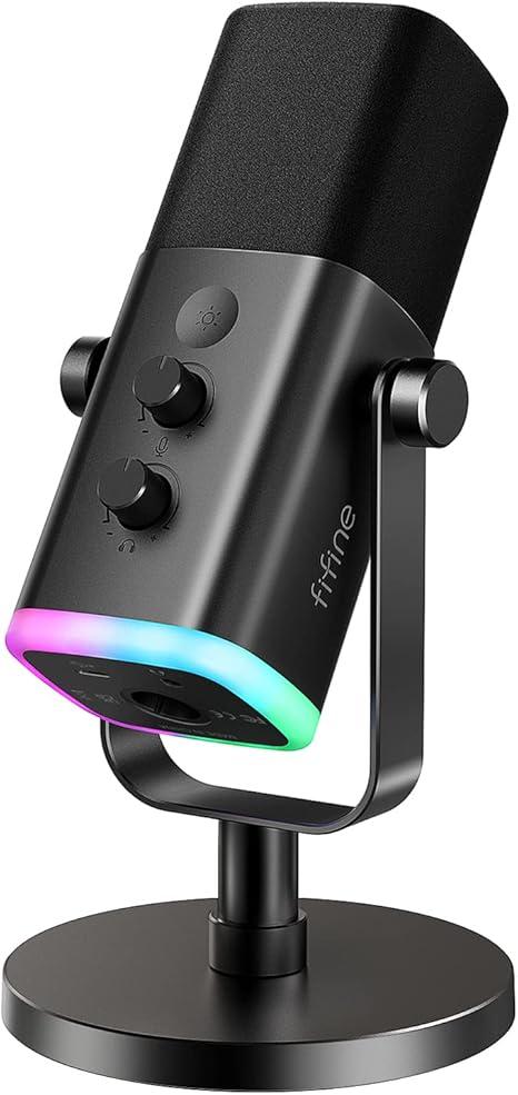 FIFINE Microfone dinâmico USB/XLR para gravação de podcast,microfone streaming para jogos de computador com RGB,botão de mudo,conector para fones de ouvido,suporte de mesa,para cantar no YouTube-AM8